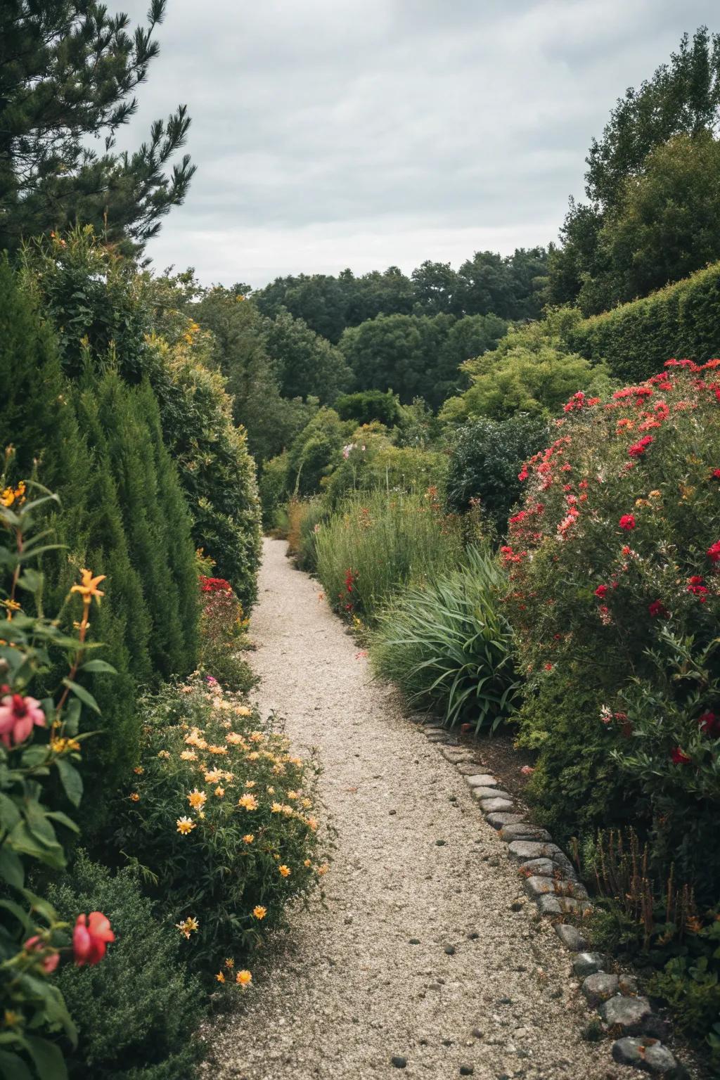 A stone chip walkway surrounded by rich greenery