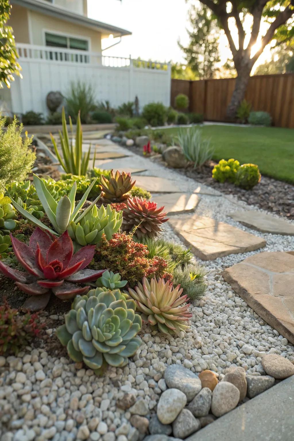 A bright succulent garden growing in a bed of pebbles.