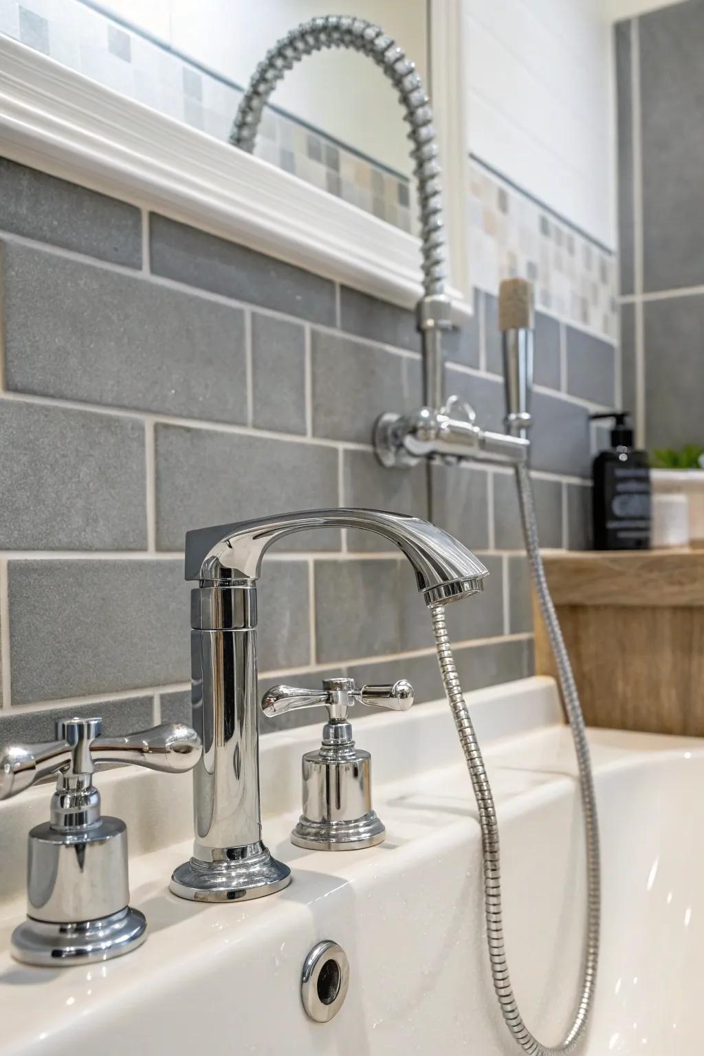 The sleek, modern feel is enhanced by the addition of metallic fixtures.