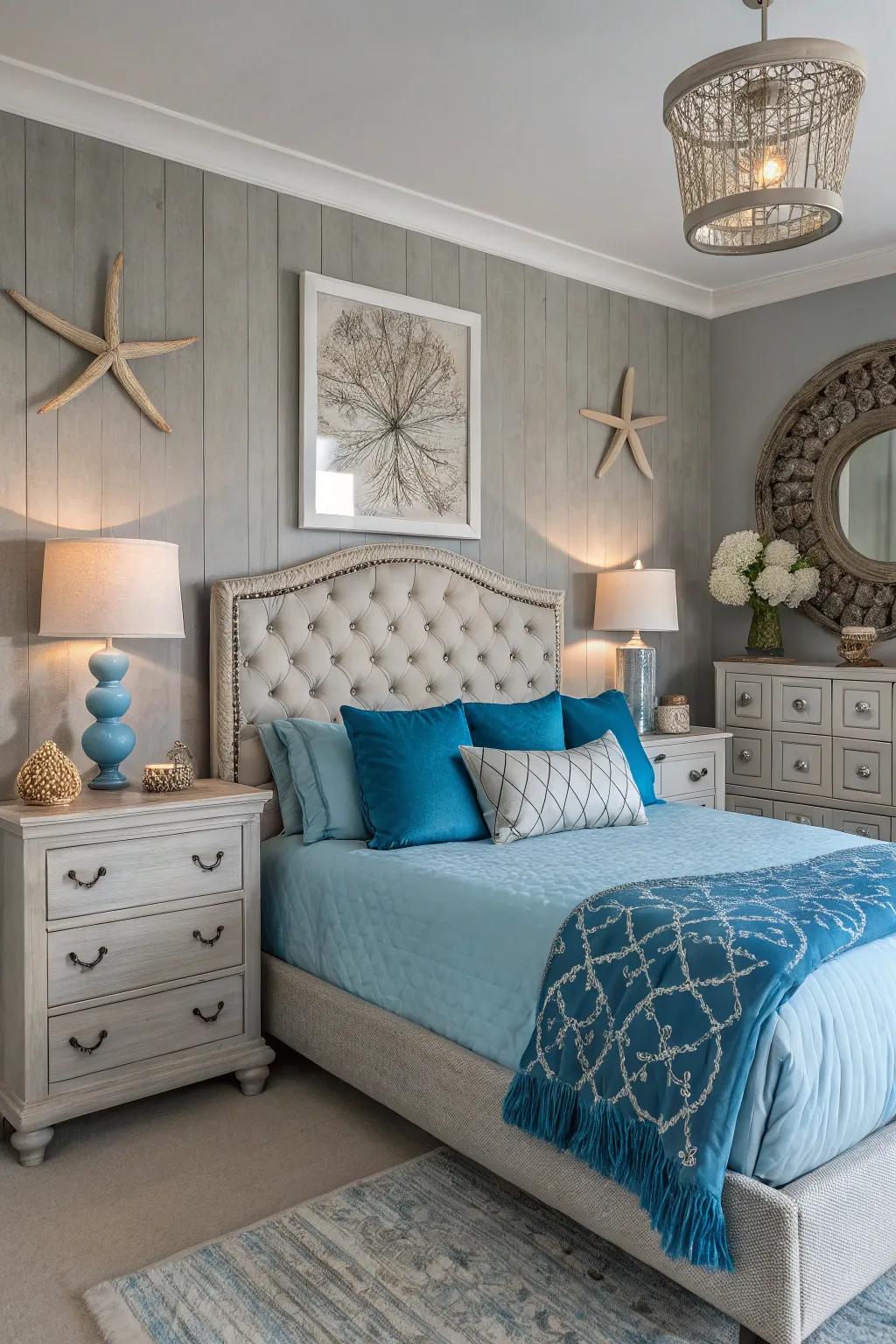 A chic gray bedroom featuring soothing azure tones.