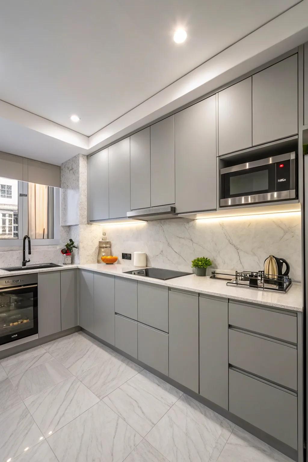 A minimalist aesthetic incorporating gray units fosters a serene area.