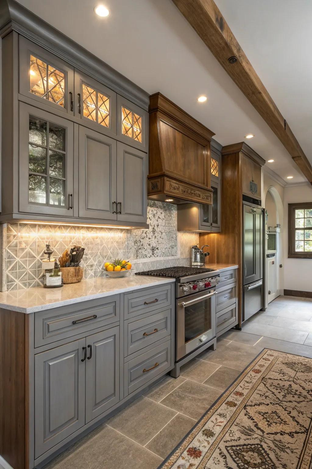 A hybrid kitchen design demonstrating the adaptability of gray cabinets.