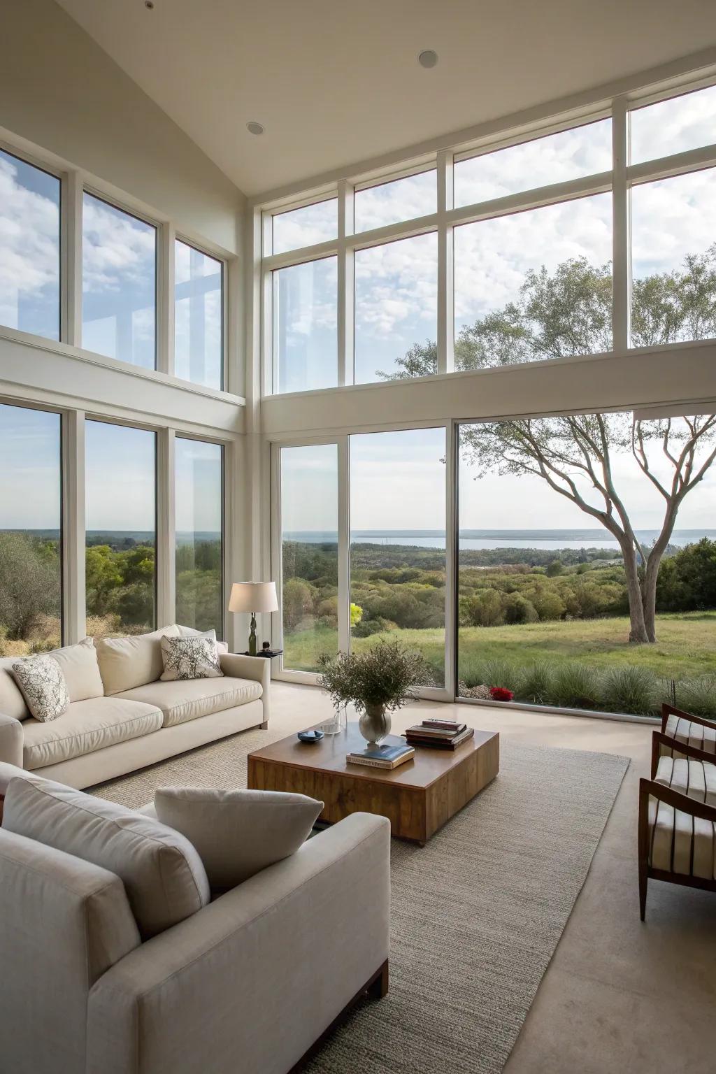 A full window wall makes a smooth connection between the family room and nature.