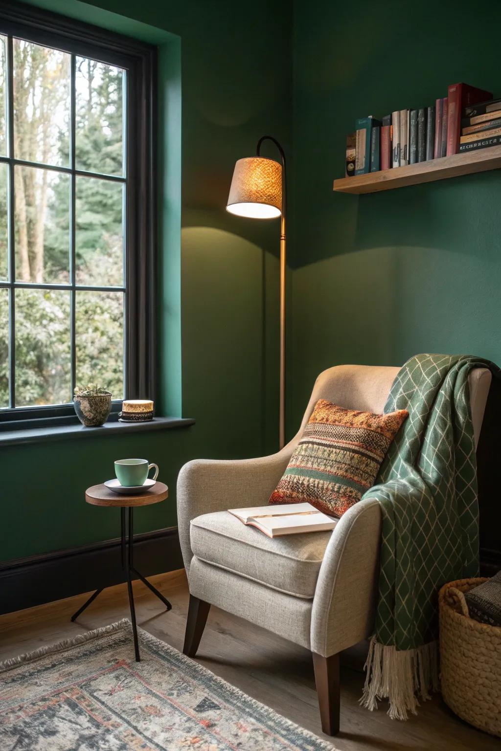 A deep green wall makes this reading space inviting and cozy.