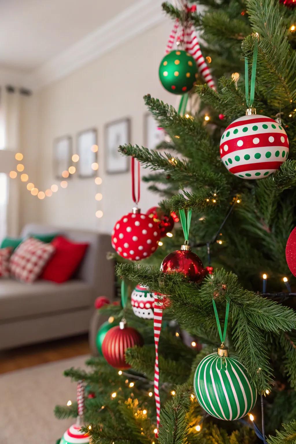 A lively Christmas tree featuring playful red and green designs.
