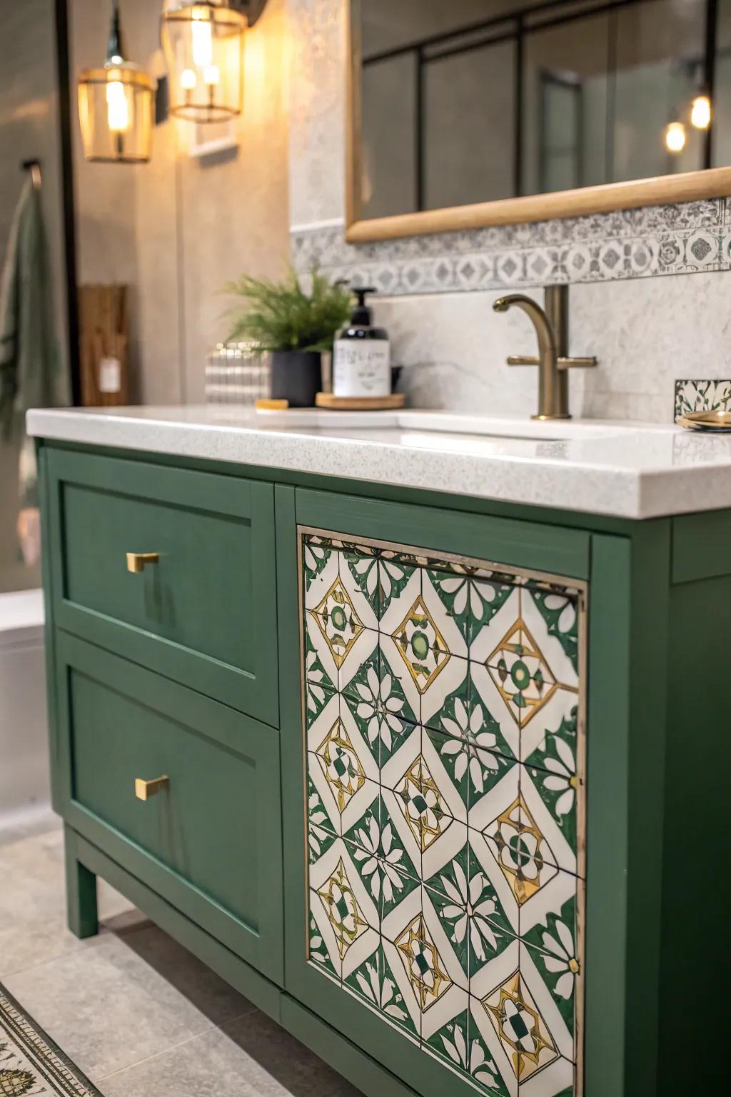 Green vanity with a unique patterned backsplash for added visual interest.