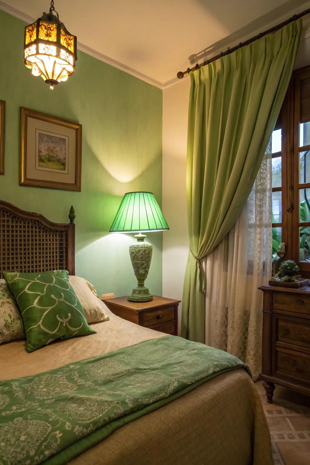 Warm green colors and gentle lighting establish a cozy bedroom escape.