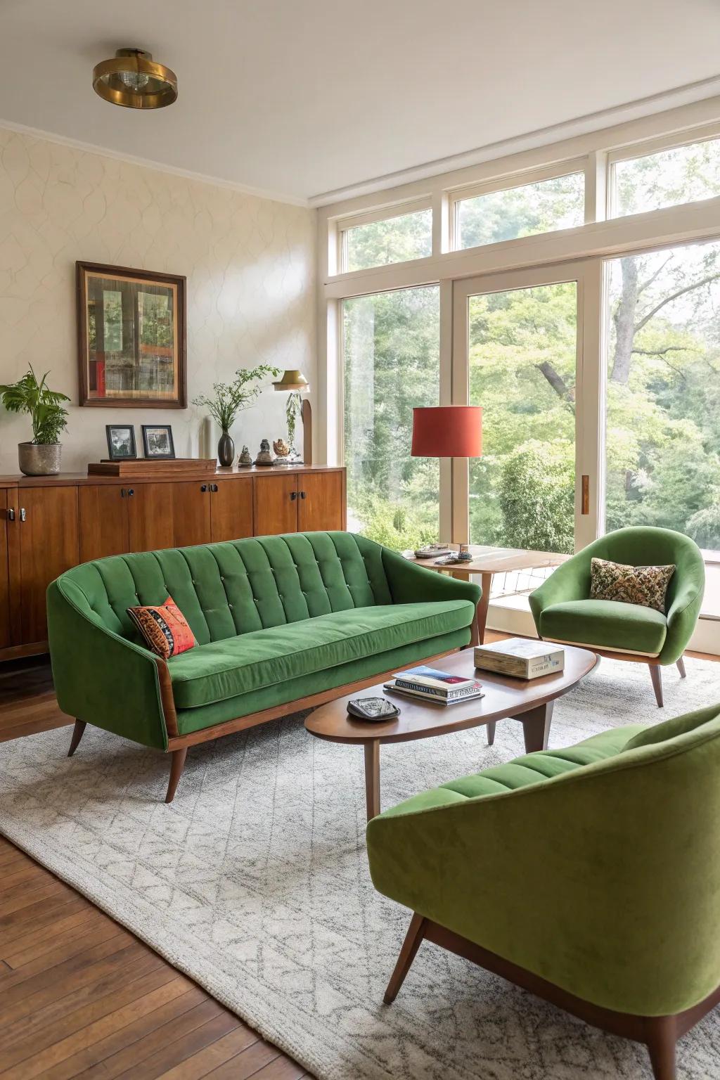 Retro contemporary elements pair superbly with a green sofa for a stylish nostalgic vibe.