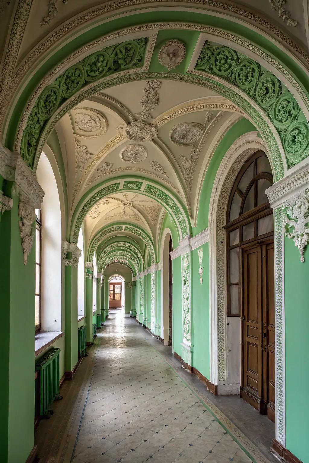 Green paint highlights the structural elements of this hallway.