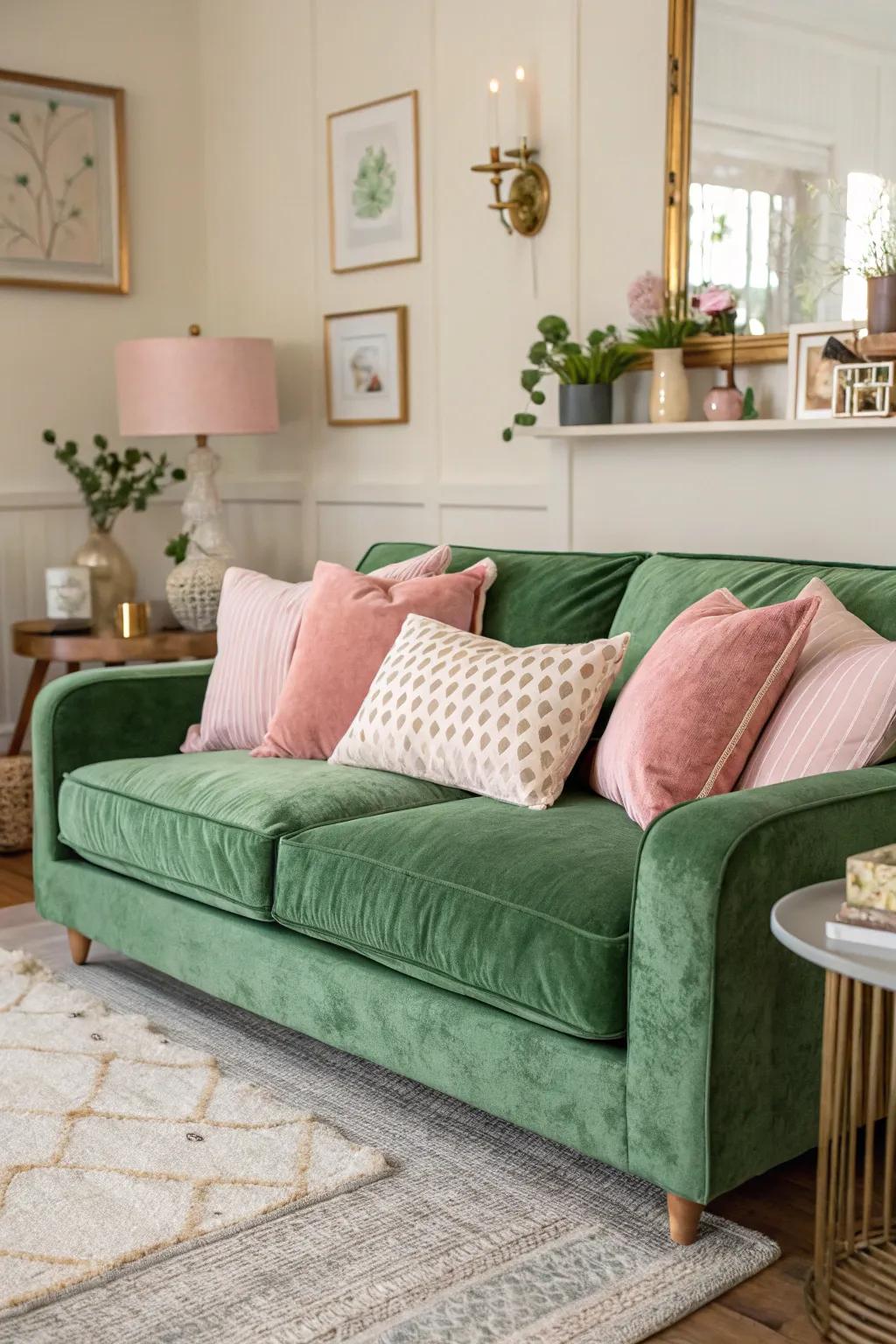 A cozy living space featuring a green velvet sofa and soft pastel details.