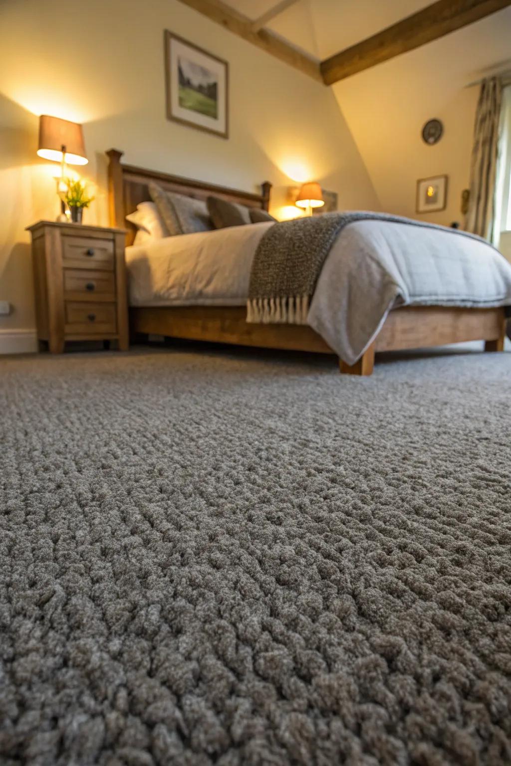 A thick wool grey carpet enhances the bedroom with additional warmth and a feeling of luxury.
