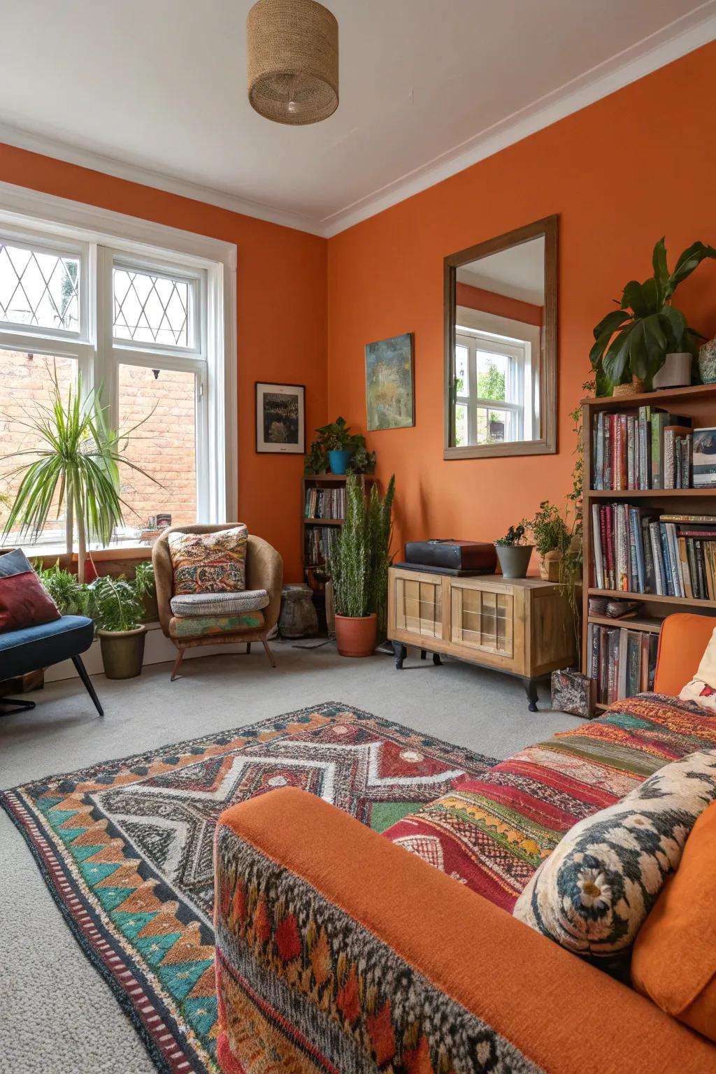Orange walls add a vibrant pop to spaces with grey carpet.