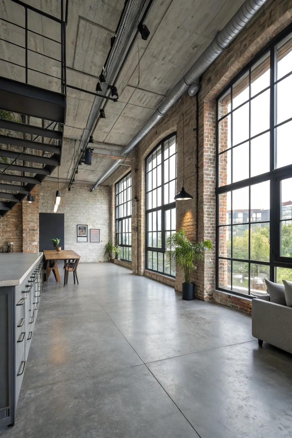 Grey concrete flooring brings a modern edge to this modern loft.