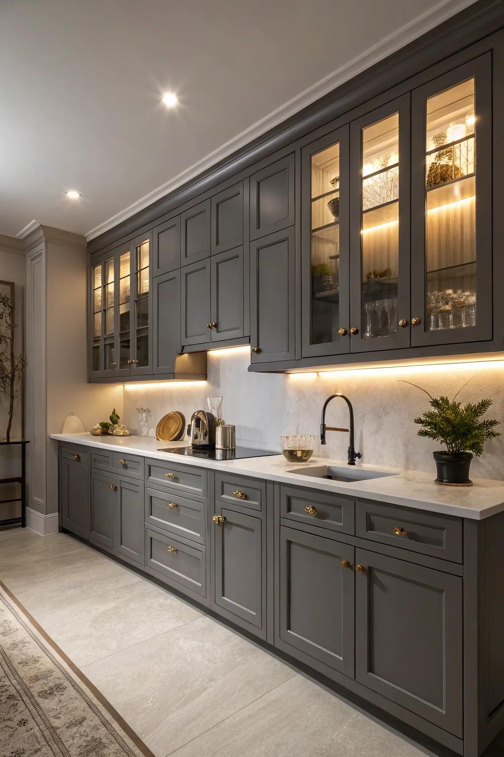 Deep grey creates a dramatic and luxurious kitchen ambiance.
