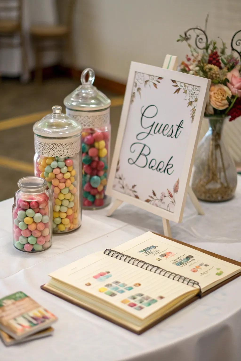 Sweet treats encourage guests to linger at the guest book display.
