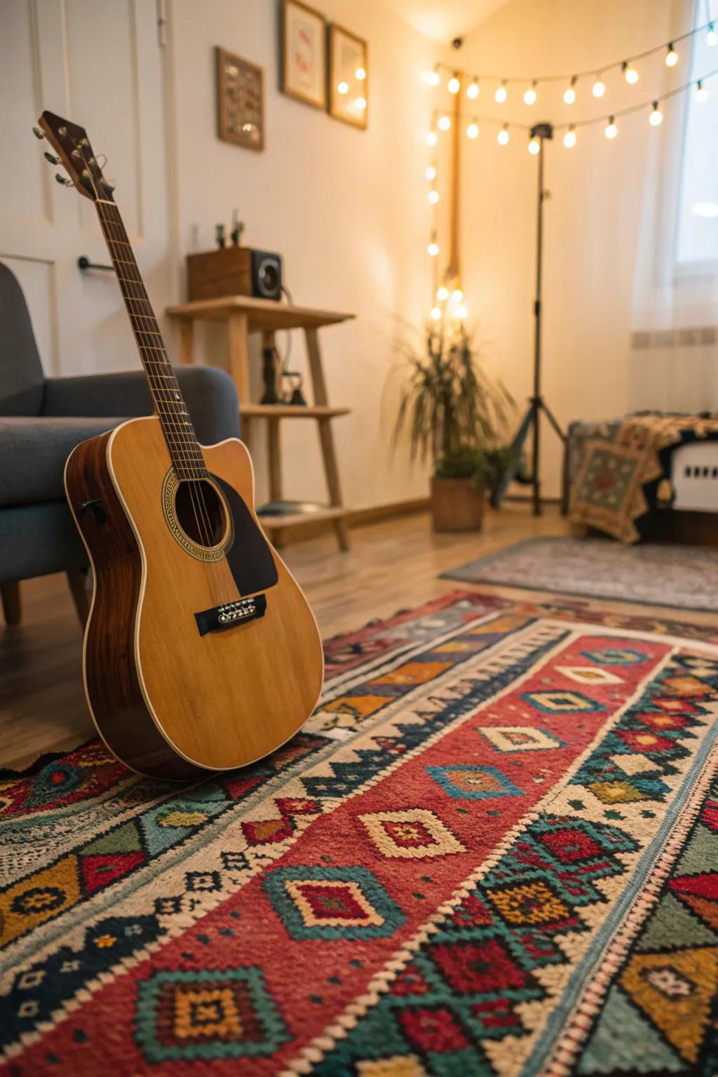 Add warmth with a colorful rug.