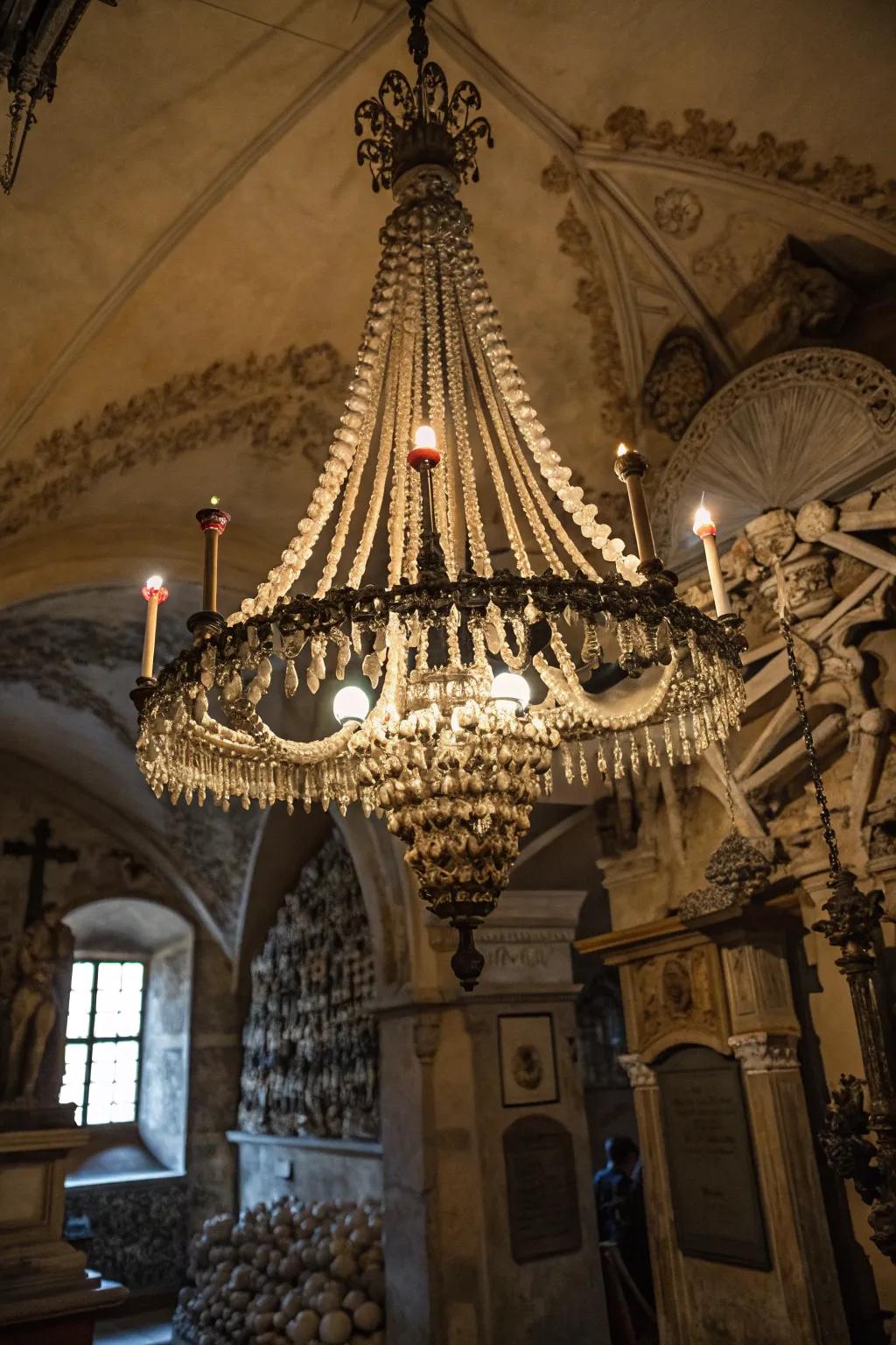 Skulls provide a classic eerie accent to your Halloween chandelier.