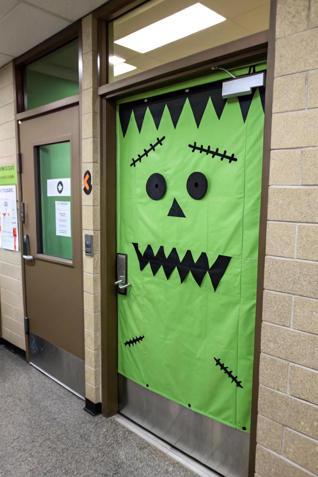 Frankenstein's visage welcoming pupils with a spooky grin.