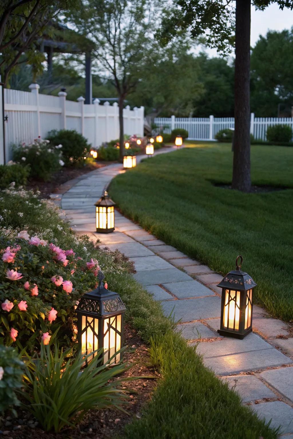 Lamps lighting the way for a welcoming yet eerie effect.