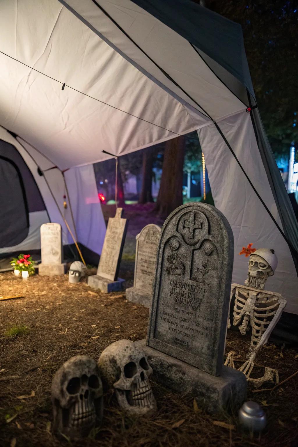 Evoke chills using a haunted cemetery setup inside your tent.