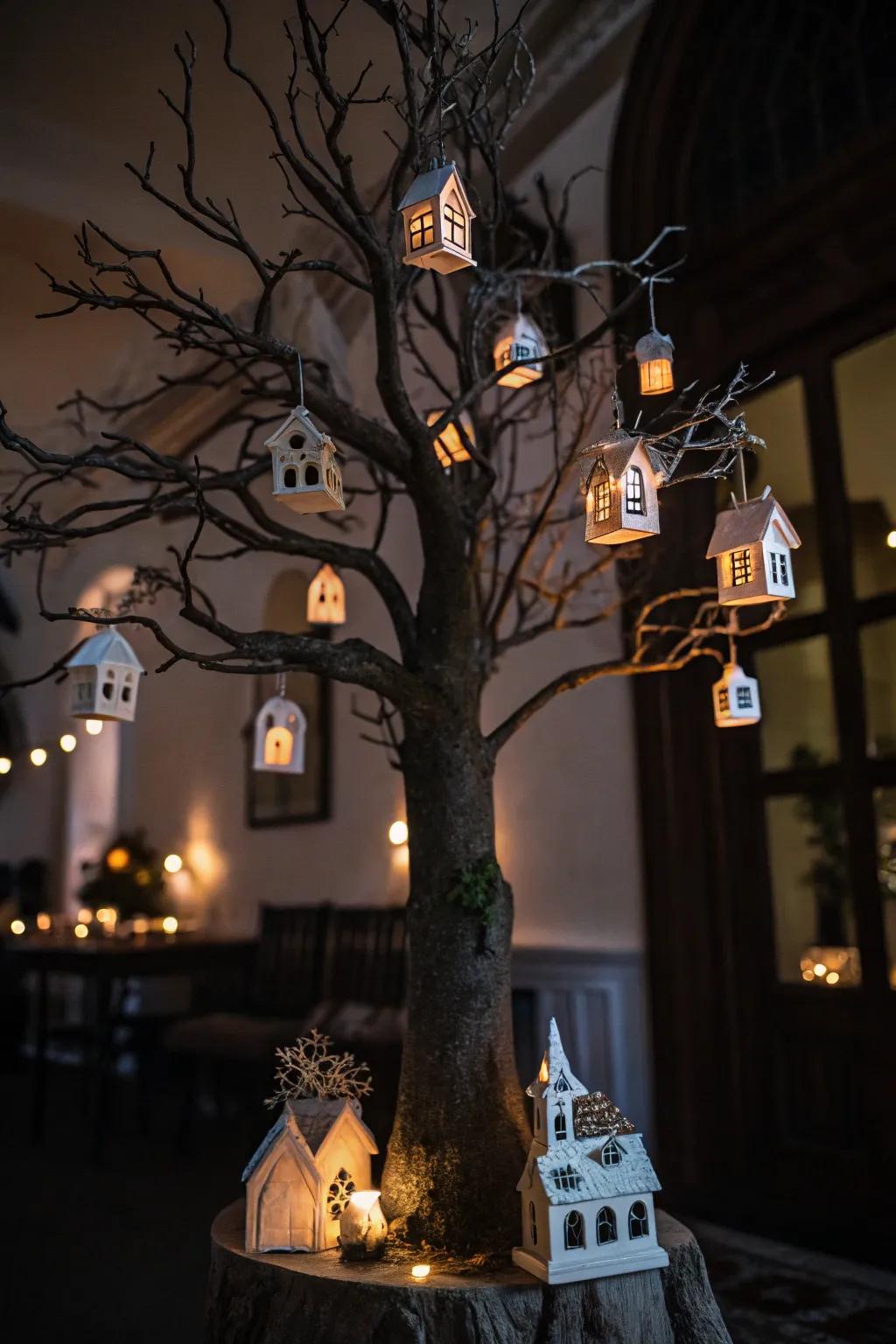 A detailed Halloween tree featuring miniature haunted dwellings.