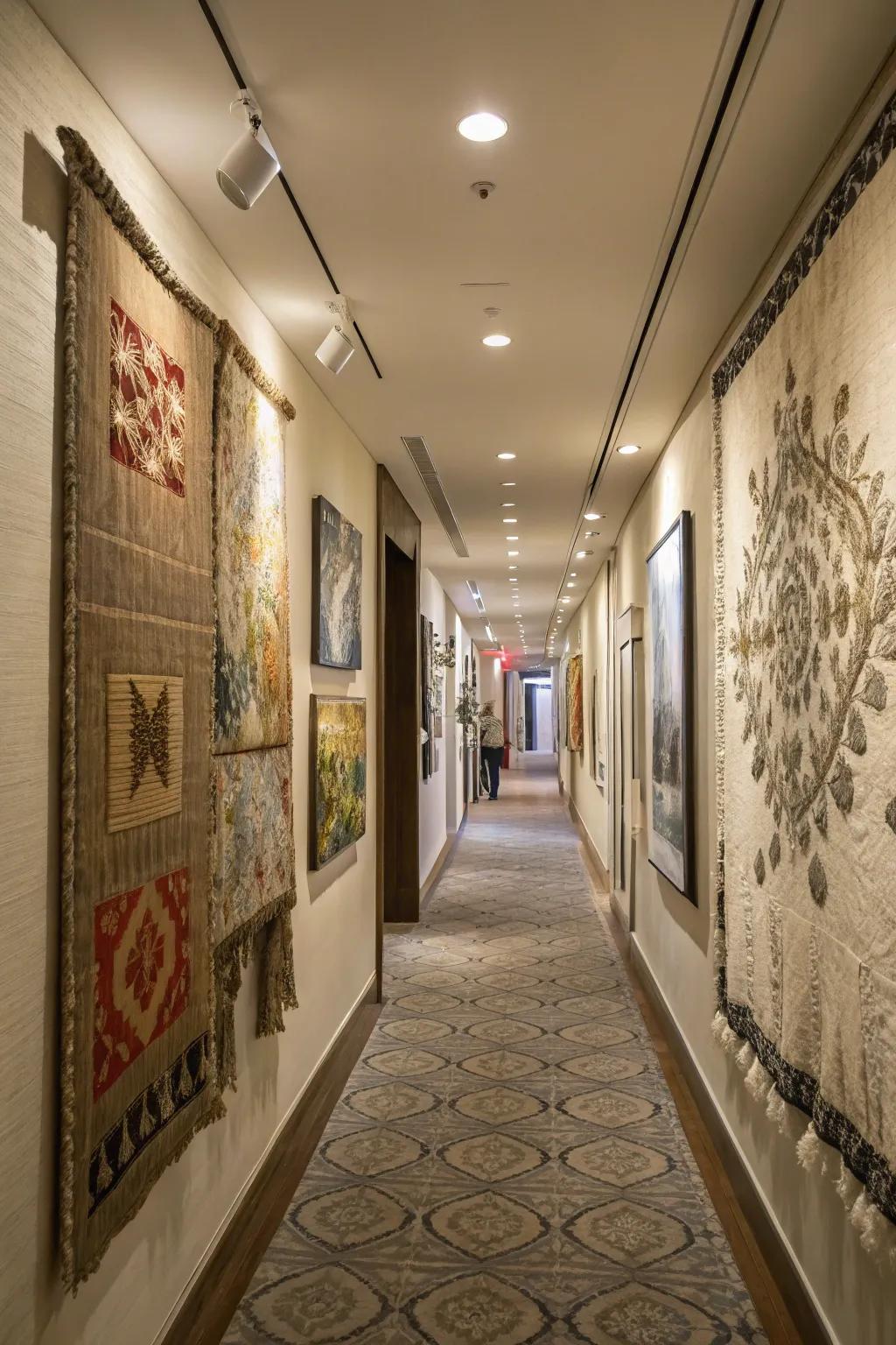 Textured art pieces introduce depth and warmth to corridors.
