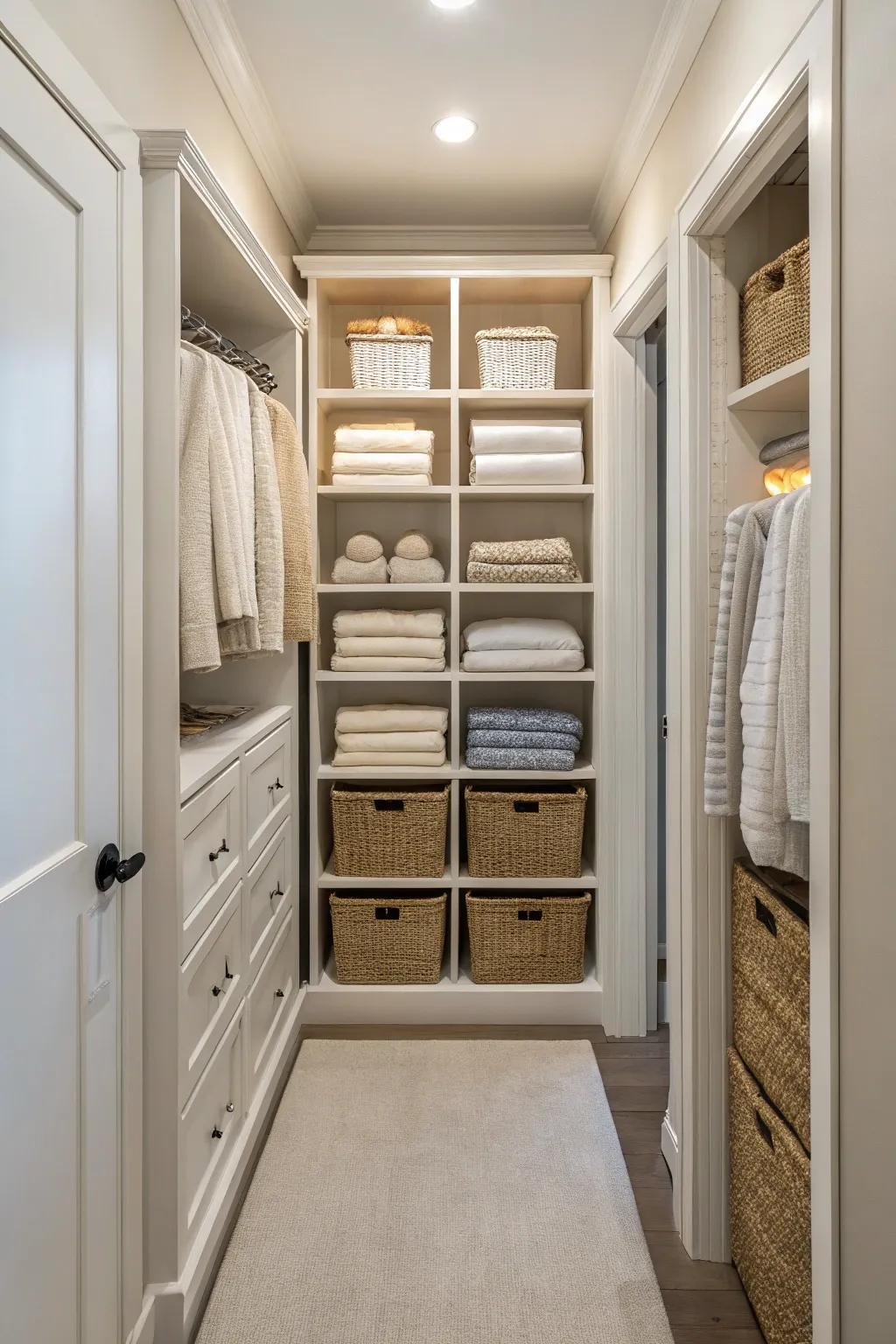A linen area in a hallway closet with neatly organized shelves.