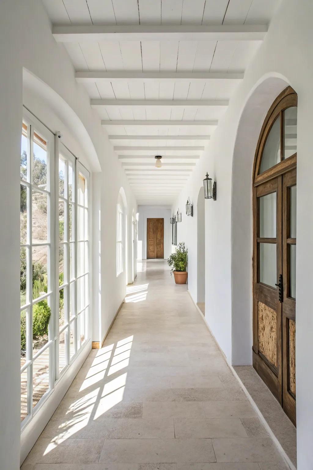 White walls give a clean and airy visual, ideal for lightening hallways.