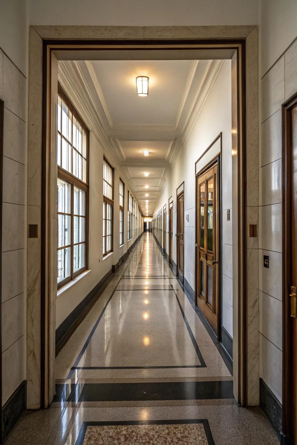 Mirrors placed at the hallway's end amplify depth and visual interest.