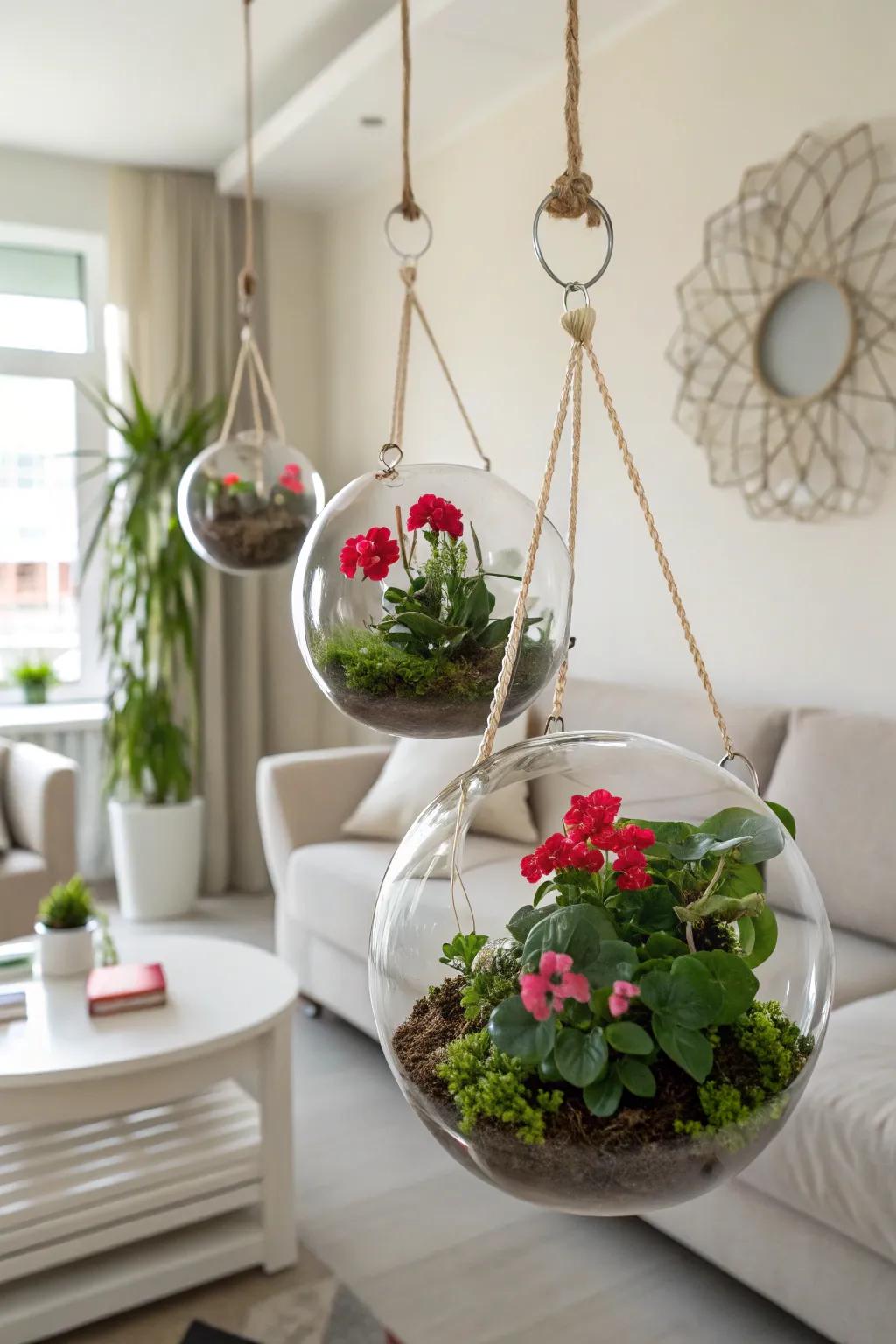 Glass terrariums offer a streamlined display for geraniums.