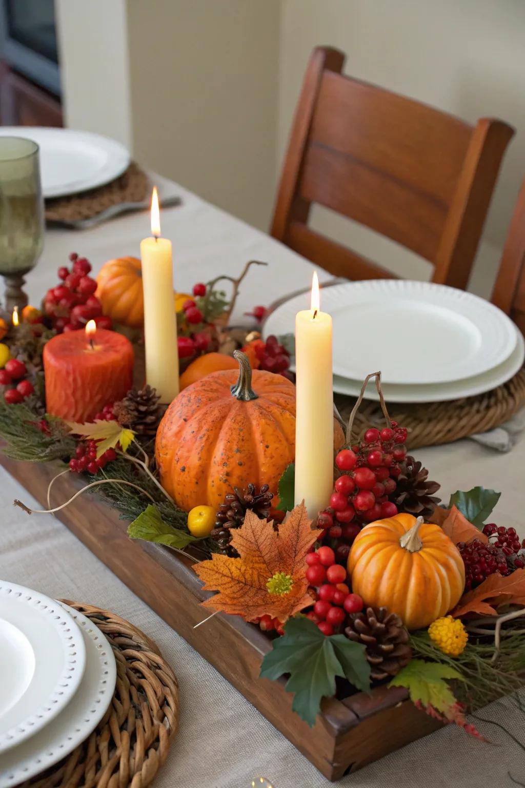 A striking harvest centerpiece incorporating seasonal details.