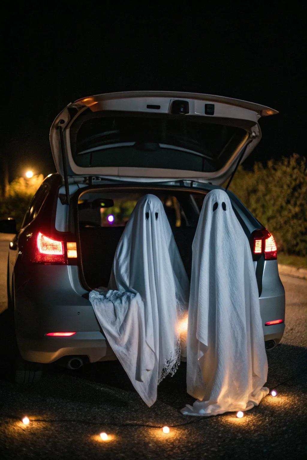 Produce ghostly figures with white cloths for a hauntingly simple trunk decoration.
