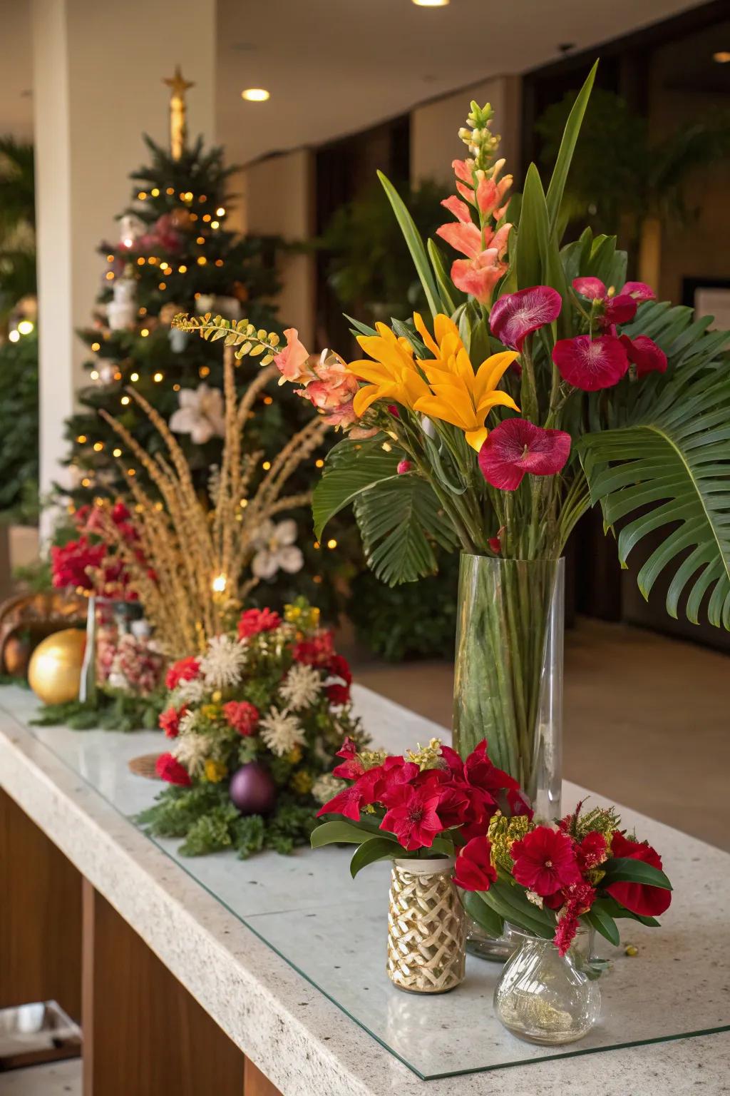 Tropical flowers injecting vibrancy and color into your holiday d&eacute;cor.