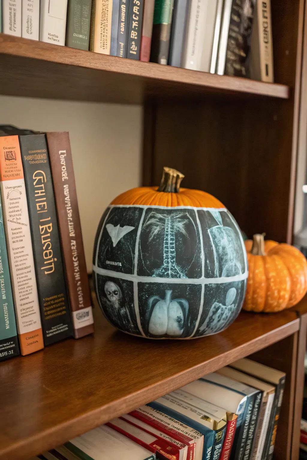 An imagery-themed pumpkin that brings a scientific twist to your Halloween decorations.