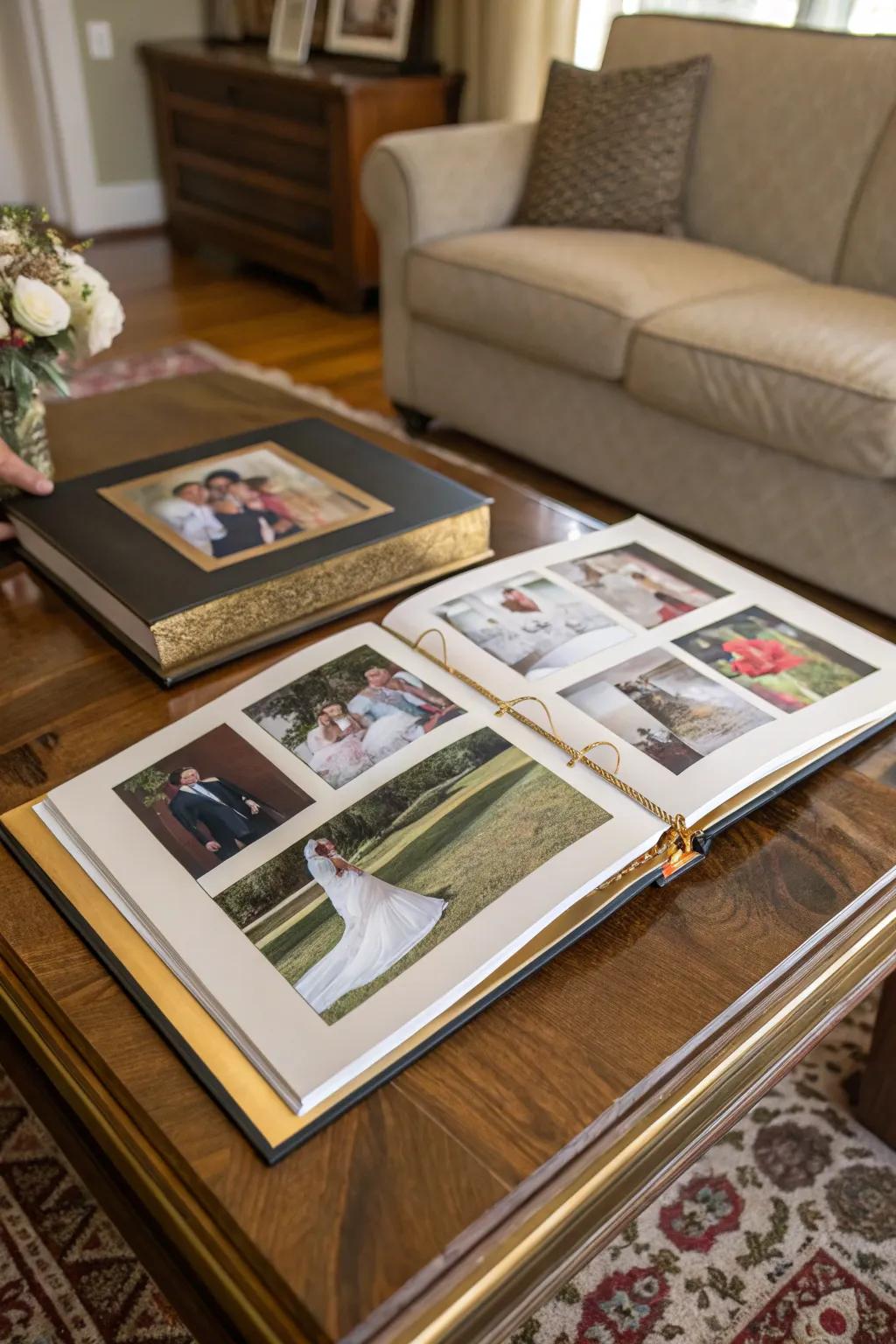 A photo album capturing the unforgettable moments of a wedding day.