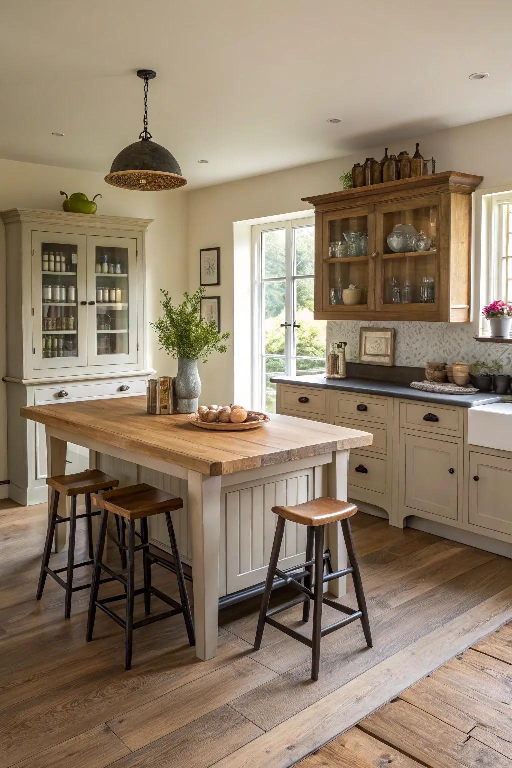 Freestanding furniture introduces character and versatility to the kitchen.