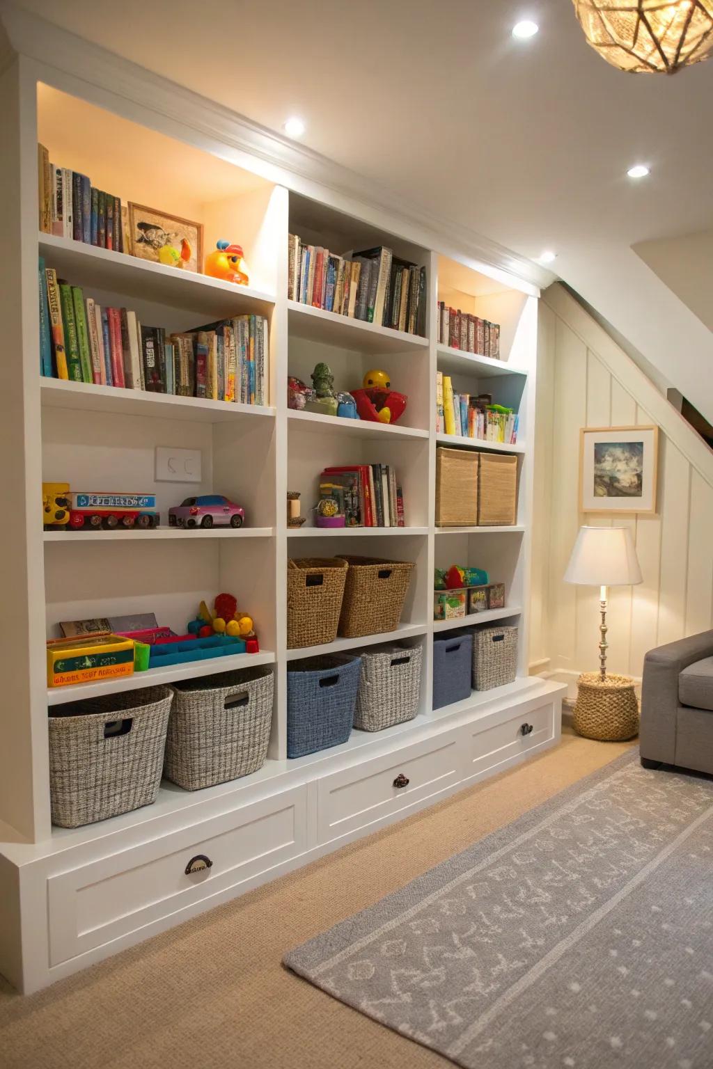 Hidden play zones with discreet toy storage.