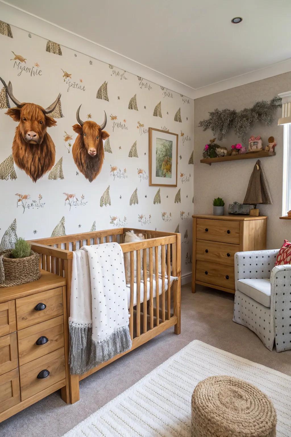 Themed wallpaper fashions a daring yet adaptable declaration.
