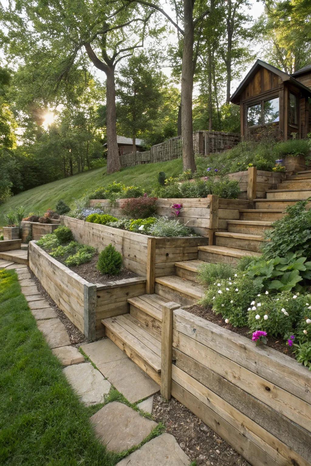 Reclaimed lumber adds countryside charm and sustainability to hillside projects.