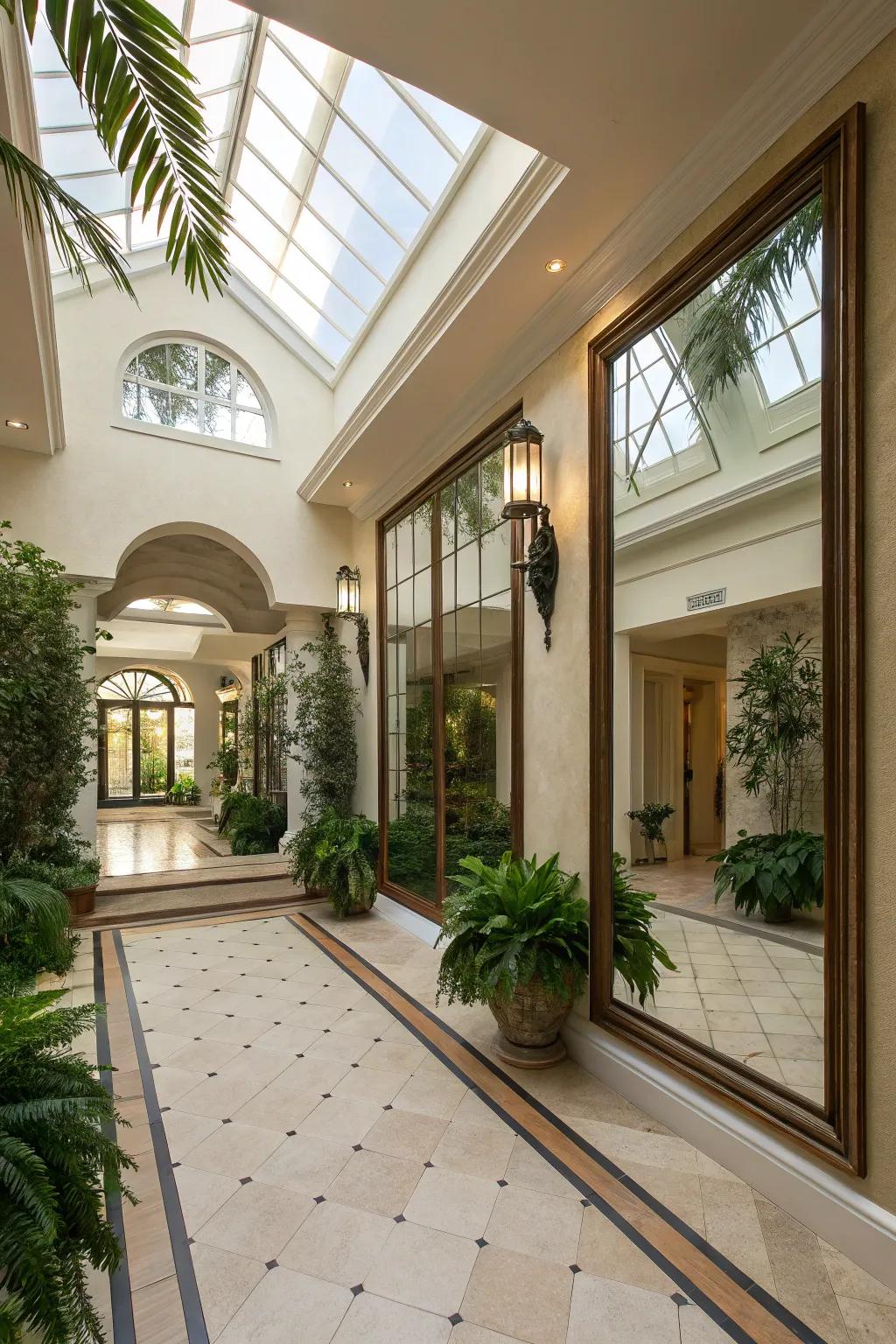 Mirrors enhancing light and space within an atrium.