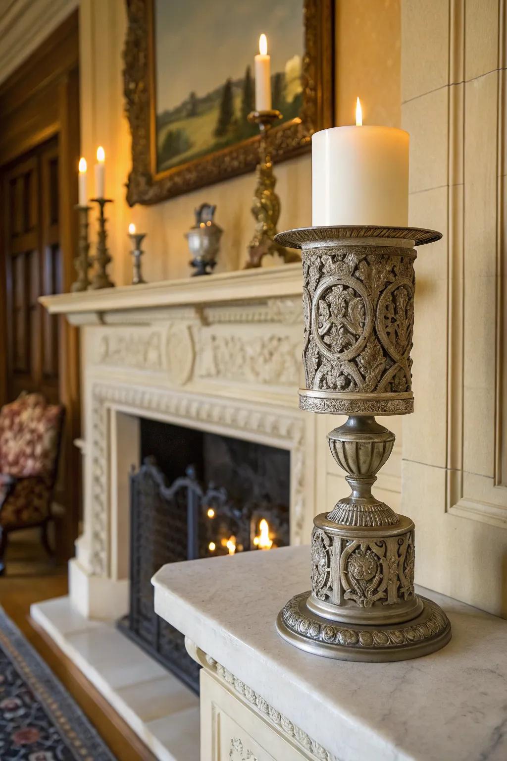 A beautifully crafted candle holder that adds charm to the mantel.