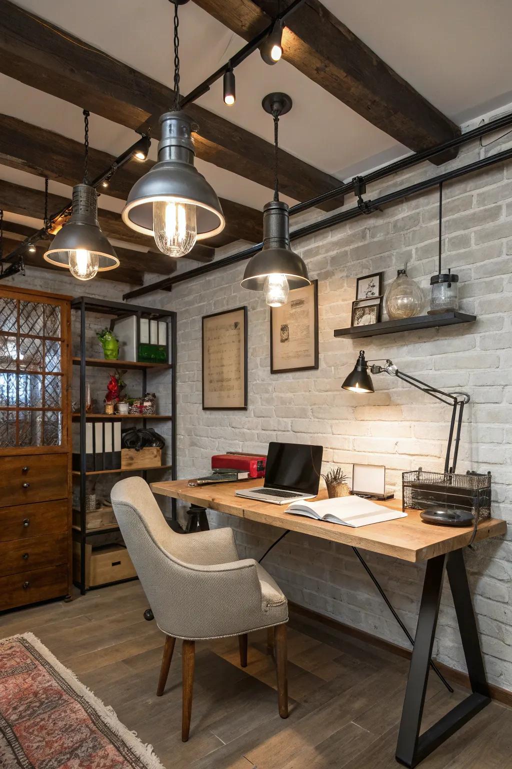 Factory lighting adds an edgy, urban element to your home office.