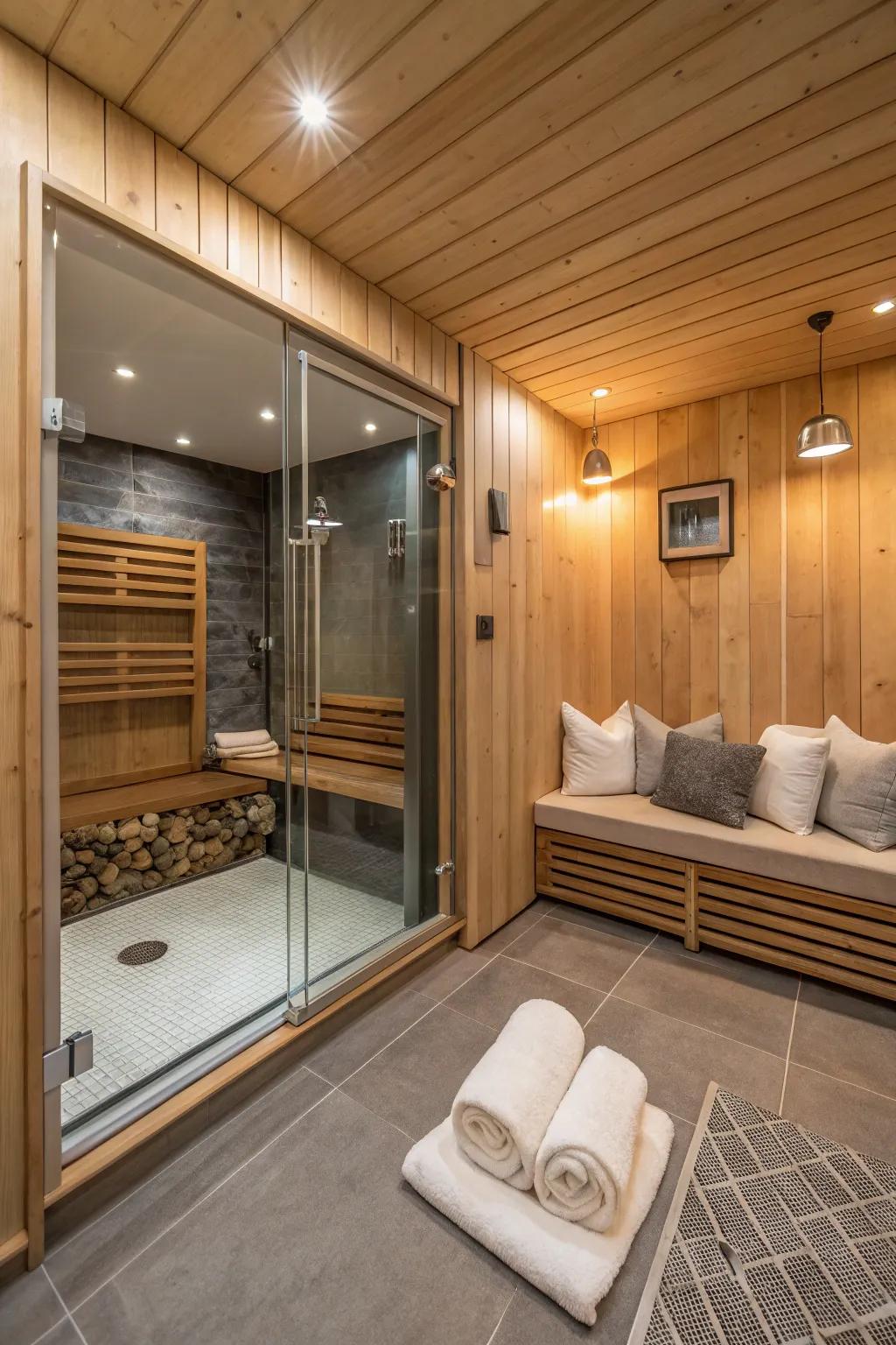 This sauna's relaxing atmosphere is enhanced by health-focused features.