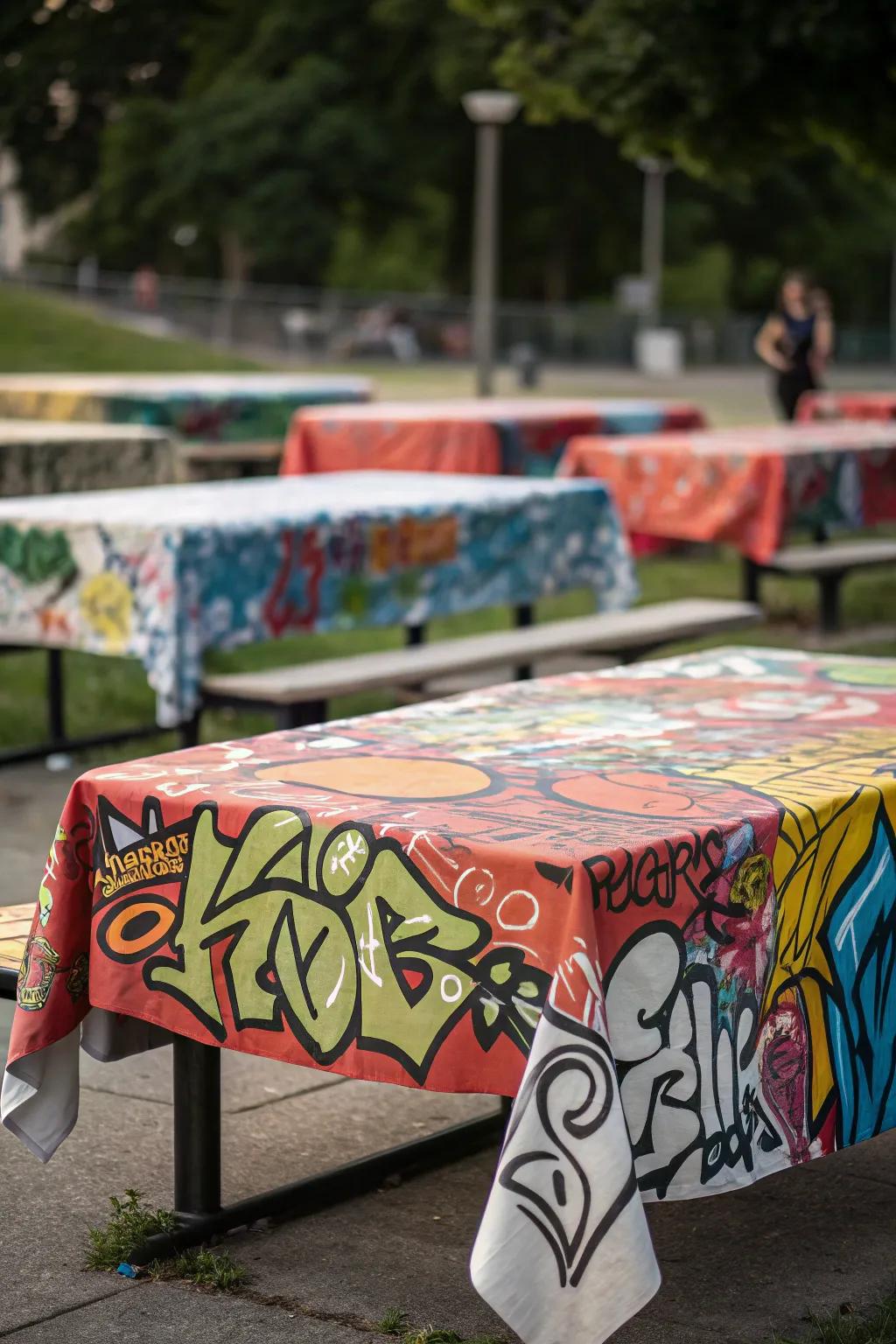 Street art tablecloths bring a 90s street art vibe to your party.