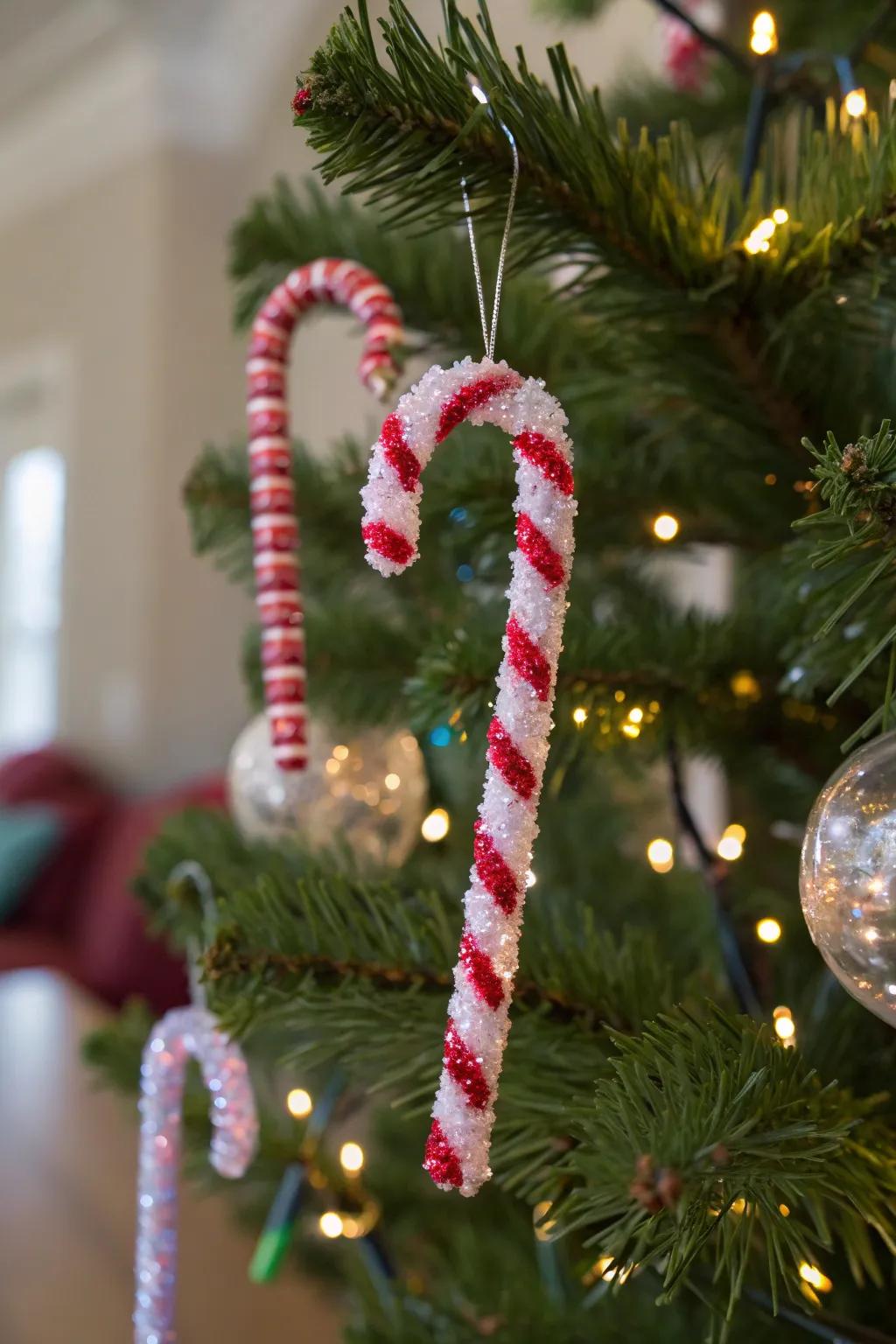 Sparkling crystal sugar stick decorations adding a unique touch to the Christmas tree.