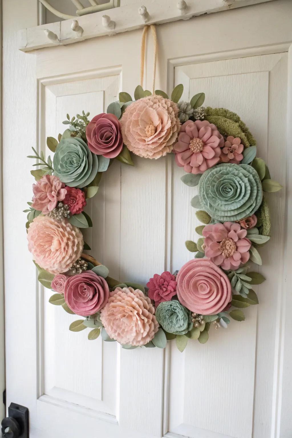 Add a splash of color and charm to your doorway with this handcrafted soft material bloom wreath, a harmonious blend of simplicity and elegance.