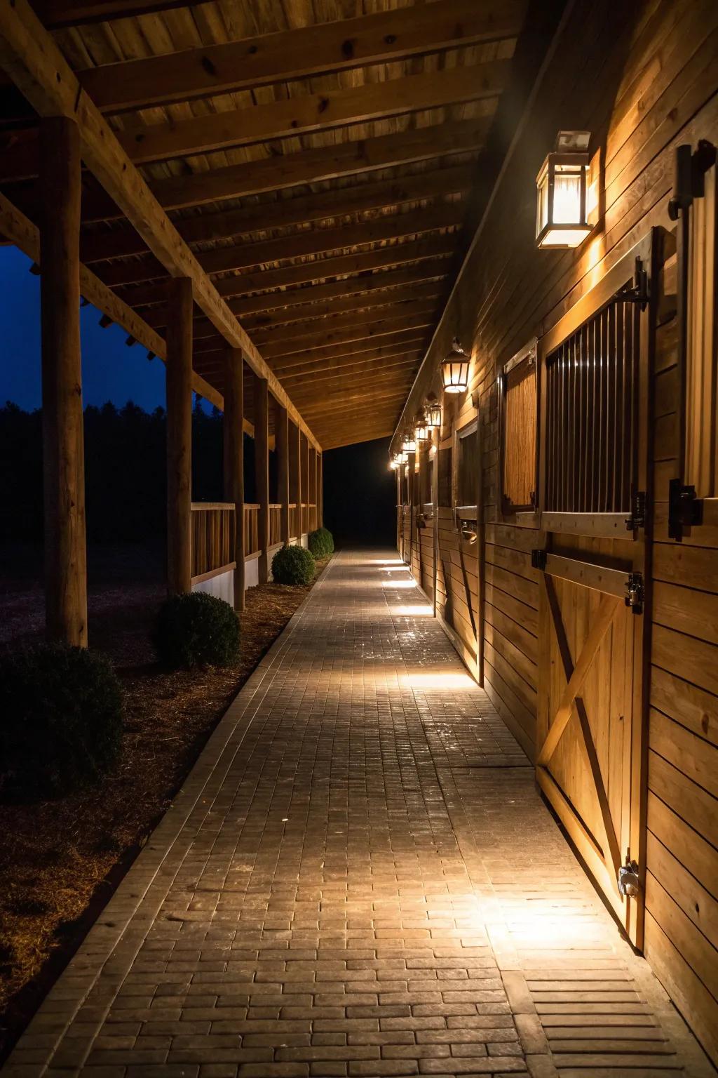 Walkway lighting ensures safe and easy navigation in the barn.