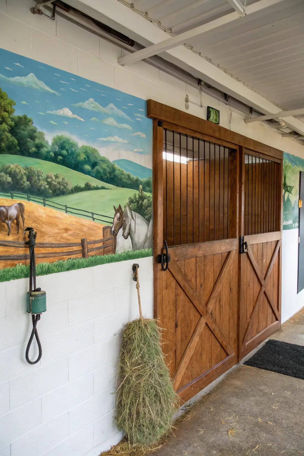 Artistic murals transform stall walls into captivating artworks.