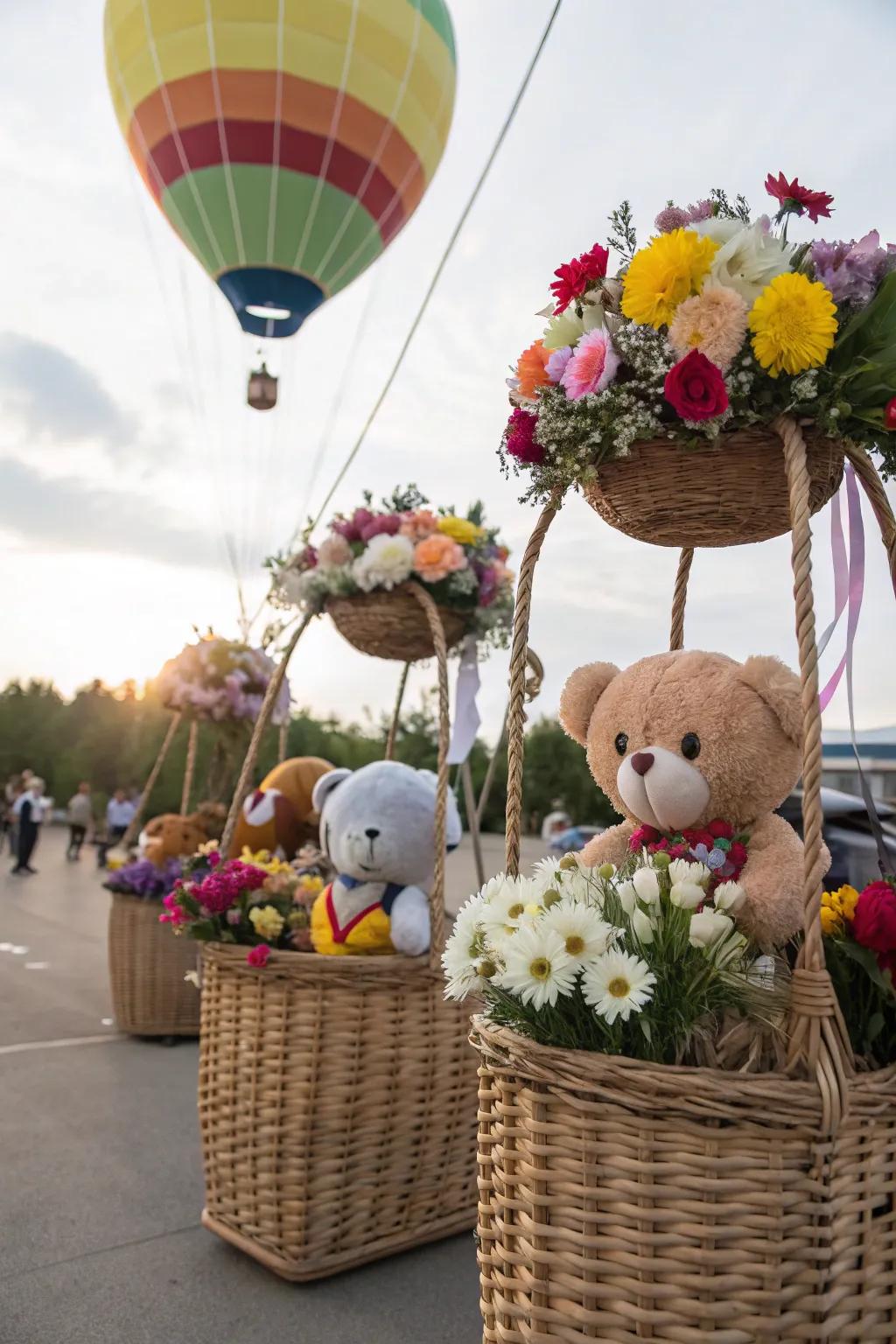 Wicker containers creatively utilized as decorative hot air balloon aspects.