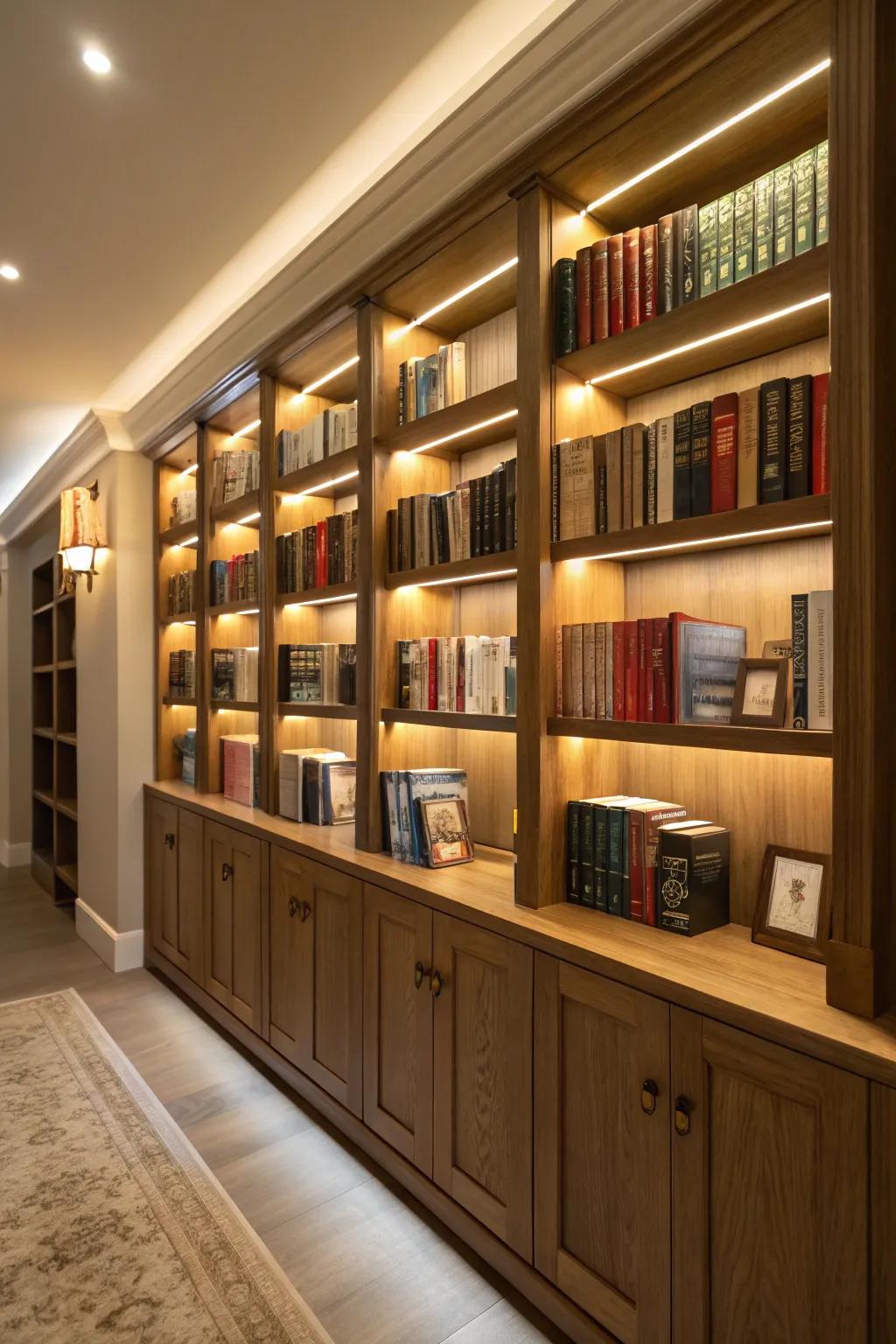 Bookshelf that is well-lit featuring integrated illumination.